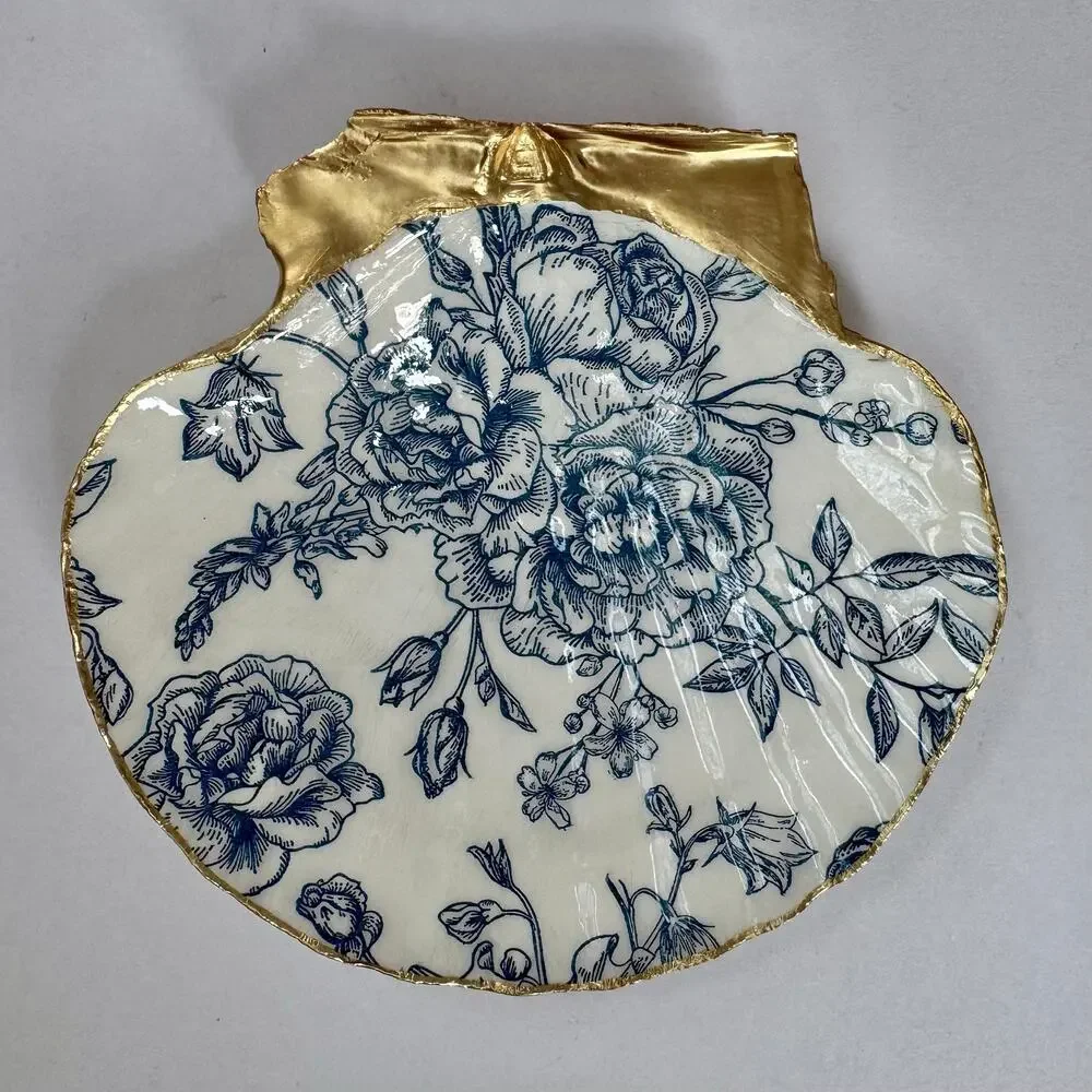 Floral Botanical Trinket Dish | Shell Jewelry | Ring Holder | Vintage Floral